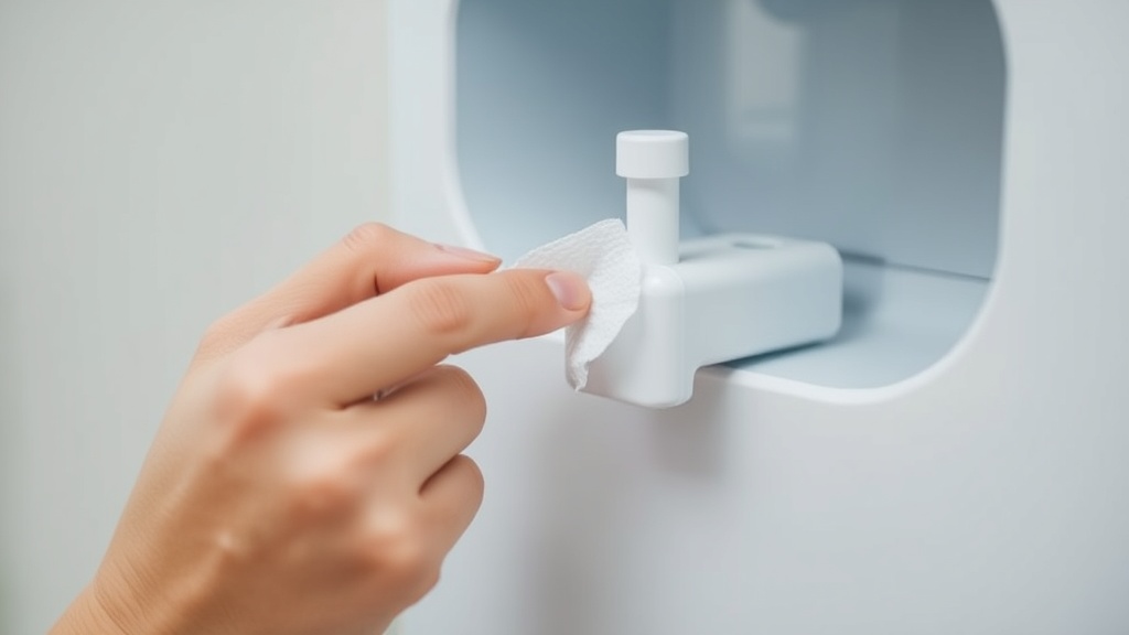 정수기 코크 부위를 깨끗한 면봉과 살균 세정제로 꼼꼼하게 닦아내어 위생을 관리하는 모습