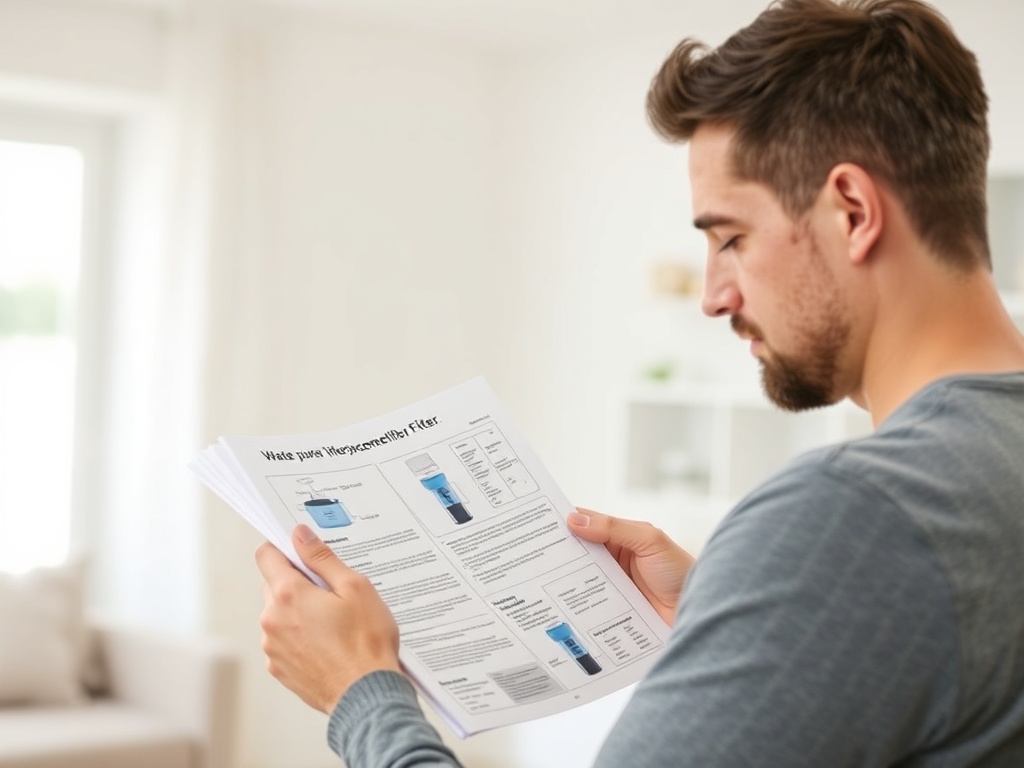 사용자가 정수기 필터 교체 매뉴얼을 꼼꼼히 읽어보고 있는 장면
