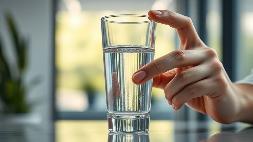 유리컵에 담긴 깨끗한 물의 상태를 육안으로 꼼꼼하게 확인하는 사용자의 모습